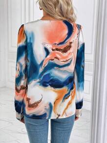 SHEIN LUNE Marble Print Guipure Lace Insert Blouse - Multicolor - View 2