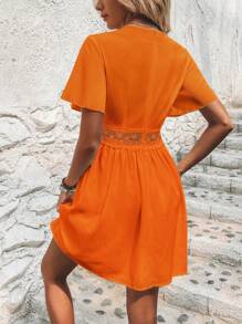 SHEIN Clasi 水溶蕾絲拼接A字連衣裙 - 橘色 - 查看 2