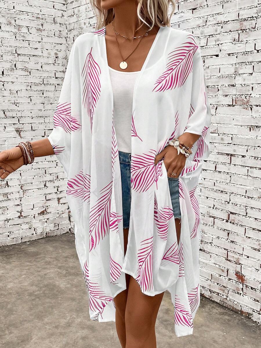 Swim Vcay 樹葉印花蝙蝠袖和服罩衫 - 粉色 - 查看 1