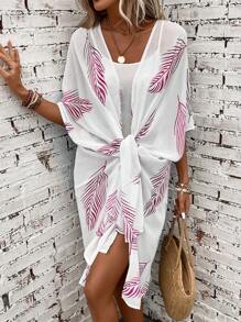 Swim Vcay 樹葉印花蝙蝠袖和服罩衫 - 粉色 - 查看 4