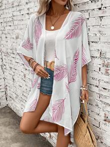 Swim Vcay 樹葉印花蝙蝠袖和服罩衫 - 粉色 - 查看 5