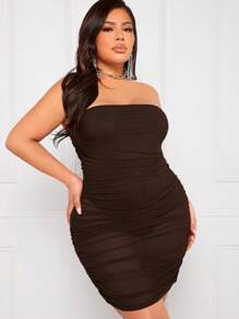 SHEIN SXY Plus Ruched Mesh Bodycon Dress - Coffee Brown - View 1