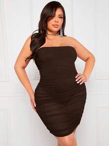 SHEIN SXY Plus Ruched Mesh Bodycon Dress - Coffee Brown - View 5