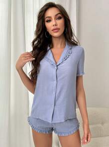 Set pigiama con volant con bottone frontale - blu polveroso - Visualizzare 5