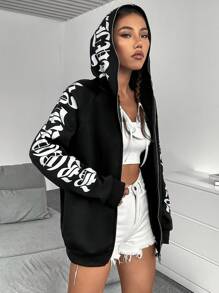 StreetHx 反光字母圖案拉鏈開襟落肩袖連帽衫 - 黑色 - 查看 3