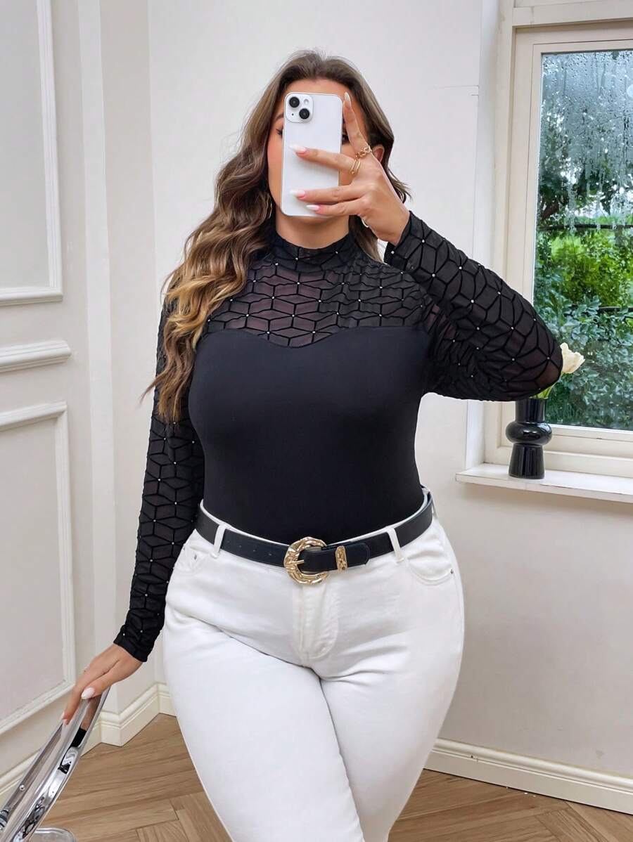 SHEIN Privé 大碼拼接幾何網紗小高領上衣 - 黑色 - 查看 1