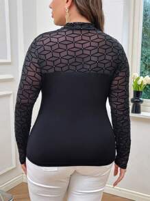 SHEIN Privé 大碼拼接幾何網紗小高領上衣 - 黑色 - 查看 2