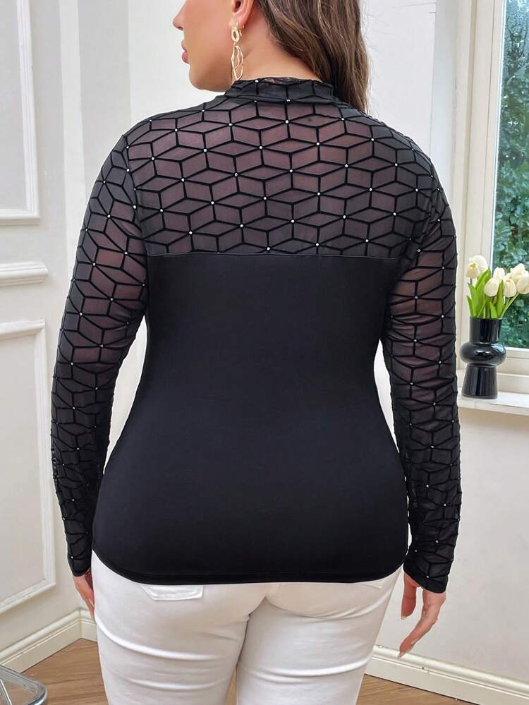 SHEIN Privé 大碼拼接幾何網紗小高領上衣 - 黑色 - 查看 2