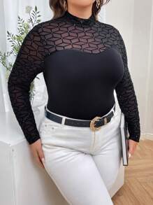 SHEIN Privé 大碼拼接幾何網紗小高領上衣 - 黑色 - 查看 3