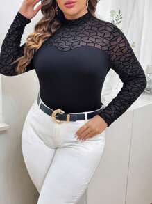 SHEIN Privé 大碼拼接幾何網紗小高領上衣 - 黑色 - 查看 4