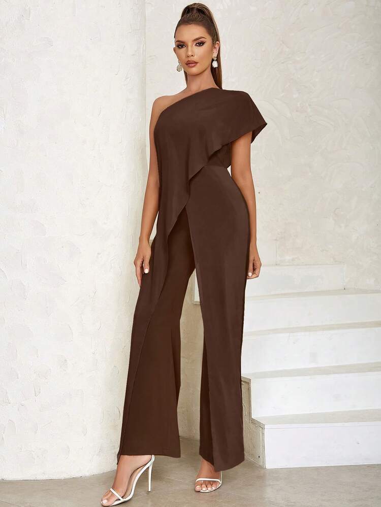 Macacão Feminino Minimalista de Perna Larga em Patchwork - Café - Visão 4