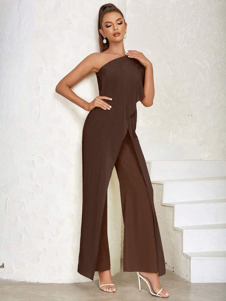 Macacão Feminino Minimalista de Perna Larga em Patchwork - Café - Visão 6