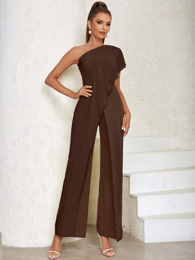 Macacão Feminino Minimalista de Perna Larga em Patchwork - Café - Visão 7