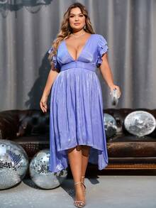 Double Crazy 大碼深V領蝴蝶袖高低下擺洋裝 - 紫色 - 查看 4