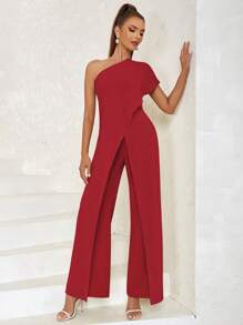 One Shoulder Wrap Hem Jumpsuit - Red - View 2