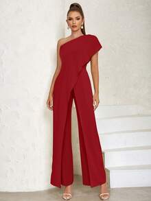 One Shoulder Wrap Hem Jumpsuit - Red - View 4
