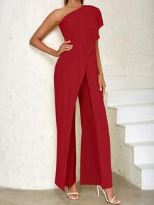 One Shoulder Wrap Hem Jumpsuit - Red - View 5