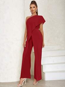 One Shoulder Wrap Hem Jumpsuit - Red - View 6