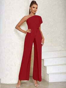 One Shoulder Wrap Hem Jumpsuit - Red - View 7