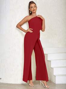 One Shoulder Wrap Hem Jumpsuit - Red - View 8