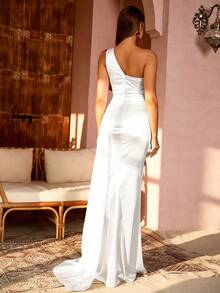 LOVE&LEMONADE One Shoulder Cut Out Draped Side Mermaid Hem Satin Wedding Dress - White - View 2