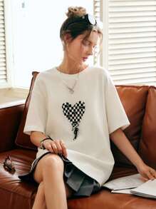 Checkerboard & Heart Print Drop Shoulder Tee - White - View 1