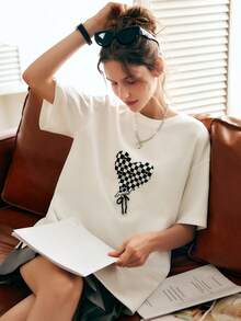 Checkerboard & Heart Print Drop Shoulder Tee - White - View 3