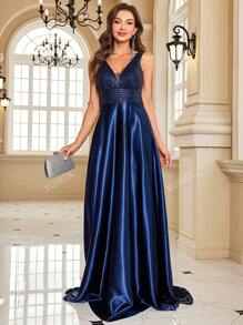 XUIBOL High-Quality Women Spring/Summer Beaded Taffeta Patchwork Fitted V-Neck Sleeveless Elegant Dignified Party Formal Dinner Dress Mother Dress (Heavy Work) Wedding Guest Dress Evening Dress,Gown