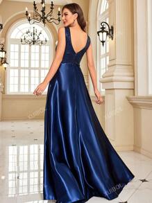 XUIBOL High-Quality Women Spring/Summer Beaded Taffeta Patchwork Fitted V-Neck Sleeveless Elegant Dignified Party Formal Dinner Dress Mother Dress (Heavy Work) Wedding Guest Dress Evening Dress,Gown