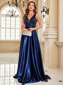 XUIBOL High-Quality Women Spring/Summer Beaded Taffeta Patchwork Fitted V-Neck Sleeveless Elegant Dignified Party Formal Dinner Dress Mother Dress (Heavy Work) Wedding Guest Dress Evening Dress,Gown