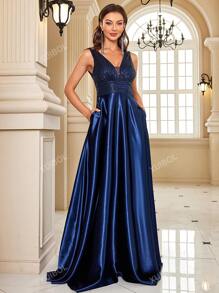 XUIBOL High-Quality Women Spring/Summer Beaded Taffeta Patchwork Fitted V-Neck Sleeveless Elegant Dignified Party Formal Dinner Dress Mother Dress (Heavy Work) Wedding Guest Dress Evening Dress,Gown