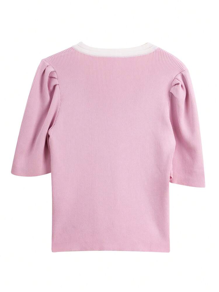 Contrast Trim Puff Sleeve Knit Top