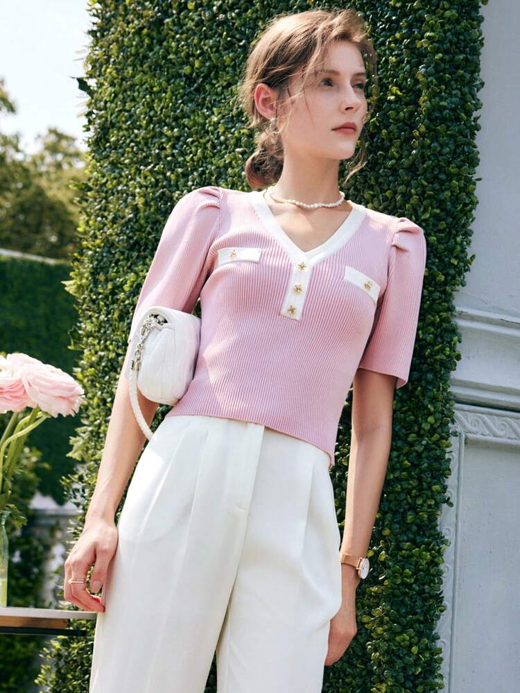 Contrast Trim Puff Sleeve Knit Top