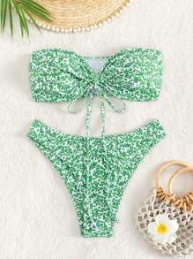 In hoa Ditsy Dây rút Áo tắm Bikini Bandana - màu xanh lá - Xem 1