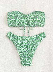 In hoa Ditsy Dây rút Áo tắm Bikini Bandana - màu xanh lá - Xem 2