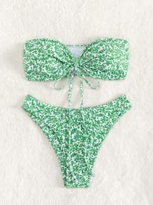 In hoa Ditsy Dây rút Áo tắm Bikini Bandana - màu xanh lá - Xem 3
