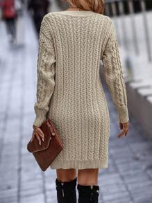 SHEIN LUNE Cable Knit Drop Shoulder Split Hem Sweater Dress Fall Winter Cloth For Women - Apricot - View 2