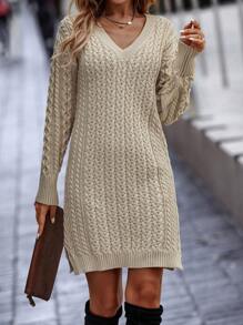 SHEIN LUNE Cable Knit Drop Shoulder Split Hem Sweater Dress Fall Winter Cloth For Women - Apricot - View 3