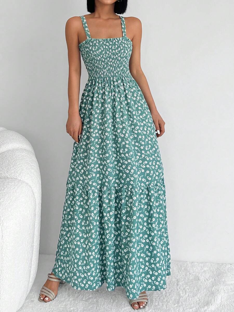 EURMUSE Ditsy Floral Print Ruffle Hem Cami Dress - Green - View 1