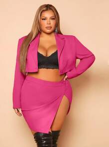 SHEIN SXY Hơn Cổ áo Crop Blazer & Bọc Tách đùi Váy - Màu Hồng Tươi - Xem 5
