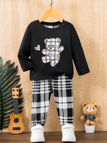 SHEIN Baby Boy Bear Print Tee & Plaid Pants