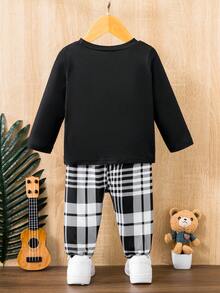 SHEIN Baby Boy Bear Print Tee & Plaid Pants