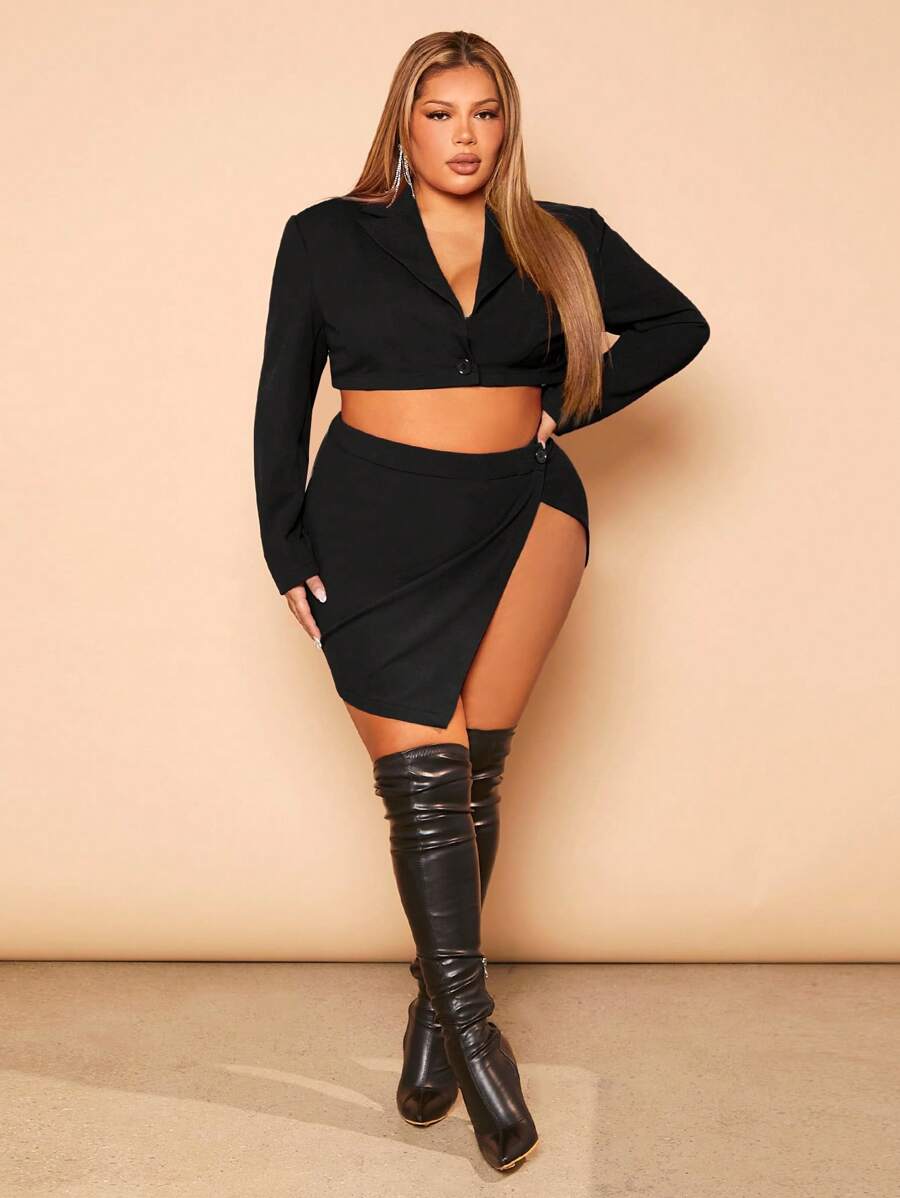 SHEIN SXY Plus Lapel Neck Crop Blazer & Split Thigh Skirt - Black - View 1