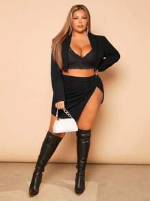 SHEIN SXY Plus Lapel Neck Crop Blazer & Split Thigh Skirt - Black - View 5