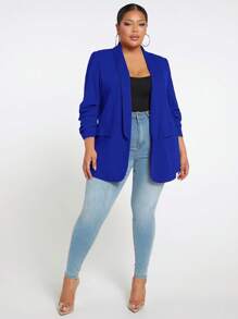 SHEIN SXY Talla grande 1 pieza Abrigo de cuello esmoquin de manga fruncido con parte delantera abierta - azul real - Ver 1