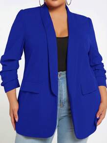 SHEIN SXY Talla grande 1 pieza Abrigo de cuello esmoquin de manga fruncido con parte delantera abierta - azul real - Ver 6