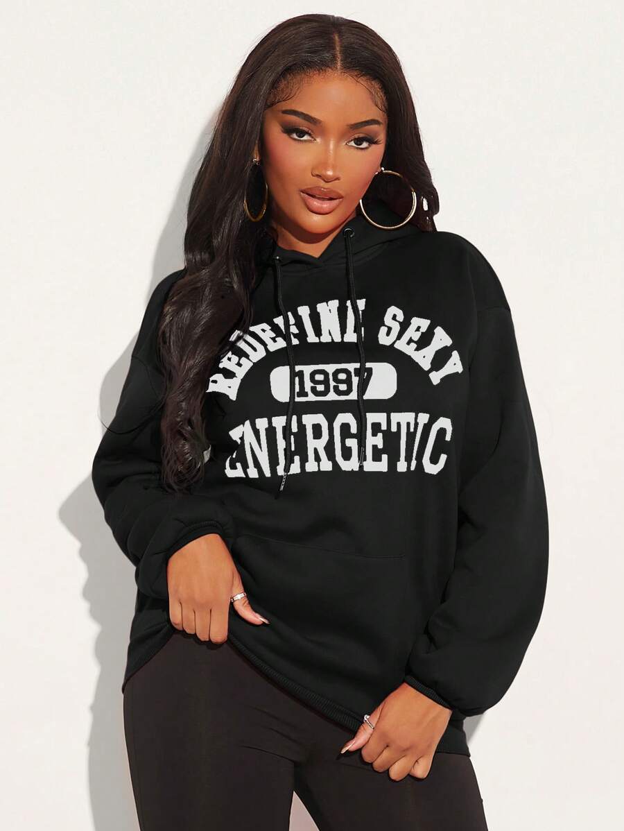 SHEIN SXY Letter Graphic Kangaroo Pocket Drop Shoulder Drawstring Hoodie - Black - View 1