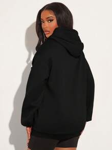 SHEIN SXY Letter Graphic Kangaroo Pocket Drop Shoulder Drawstring Hoodie - Black - View 2