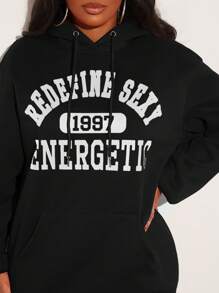 SHEIN SXY Letter Graphic Kangaroo Pocket Drop Shoulder Drawstring Hoodie - Black - View 4