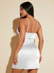 SHEIN SXY Draped Collar Split Hem Satin Cami Dress - White - View 2